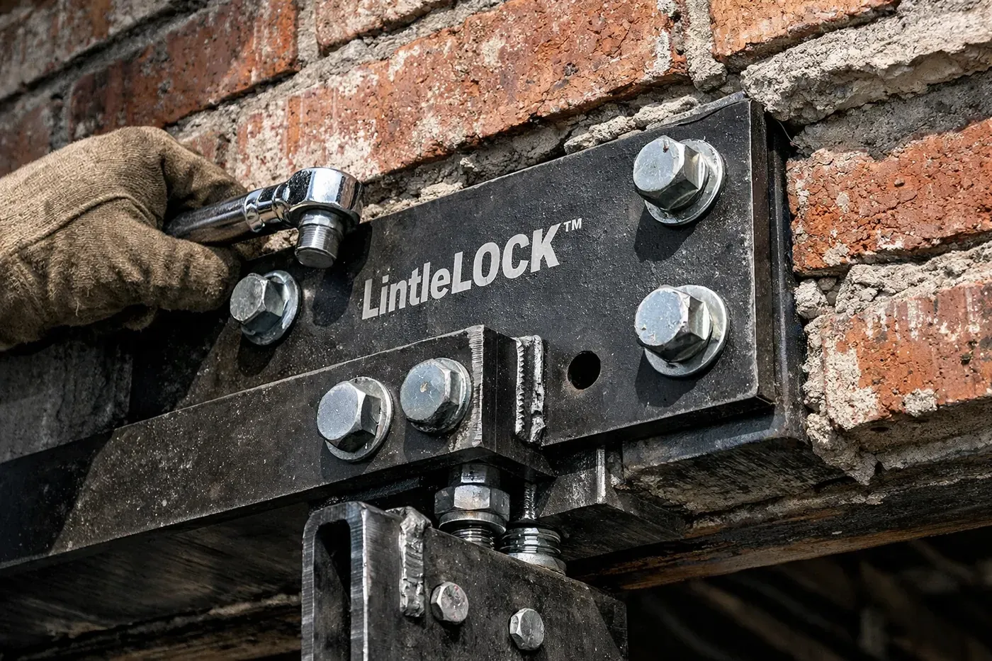 Professional lintel repair in Dallas showing the LintleLOCK bracket stabilizing a sagging brick garage header.