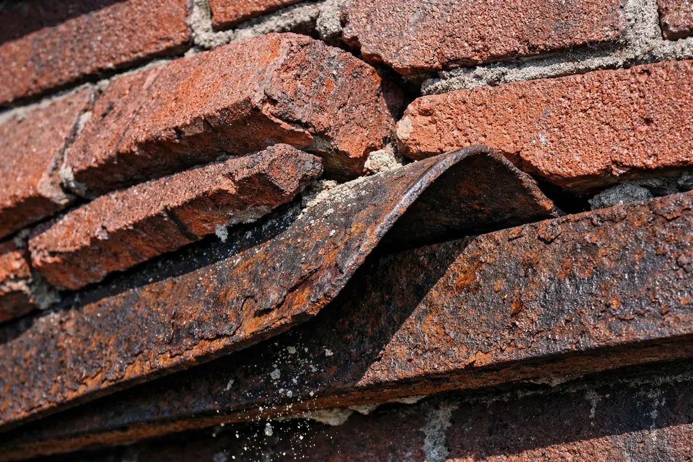 Close-up of rotational lintel failure showing torsional twisting of the steel beam and sagging garage bricks.