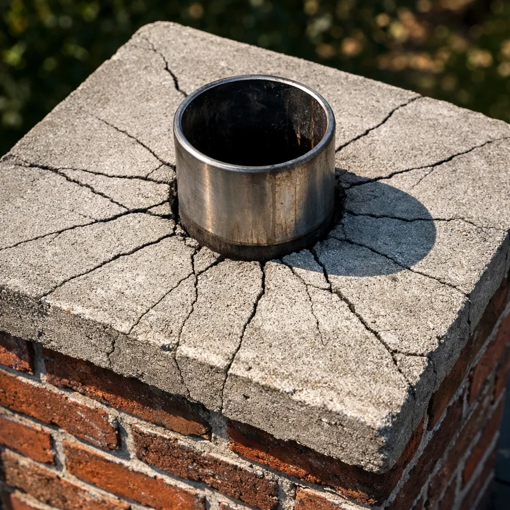 Cracked chimney mortarcap with visible damage radiating from flue opening
