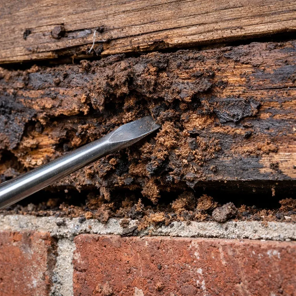Performing a probe test on a rotted wooden header beam to check for structural decay in brickwork.