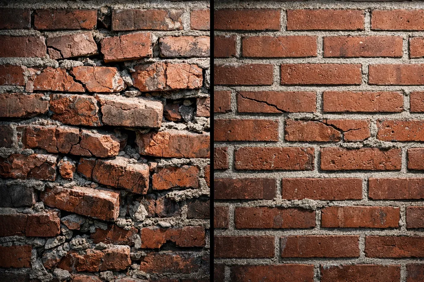 Comparison of severe brick wall damage requiring replacement versus minor damage needing repair
