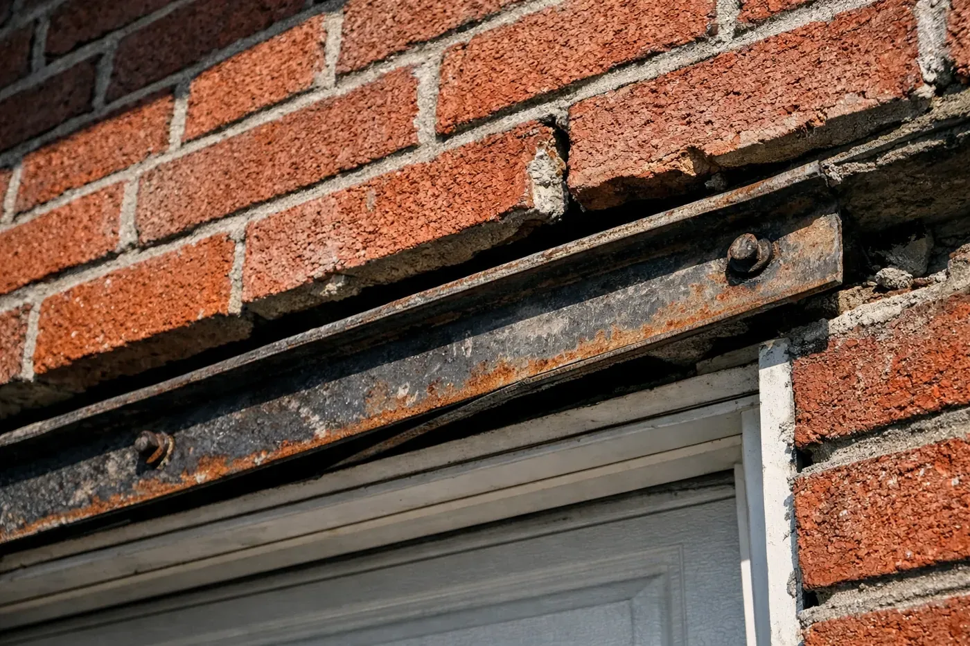 
![DFW garage header repair showing a sagging lintel and rotational twisting of the brick masonry structure.