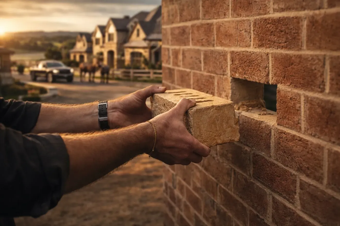 A technician carefully inserts a matching brick into a prepared opening