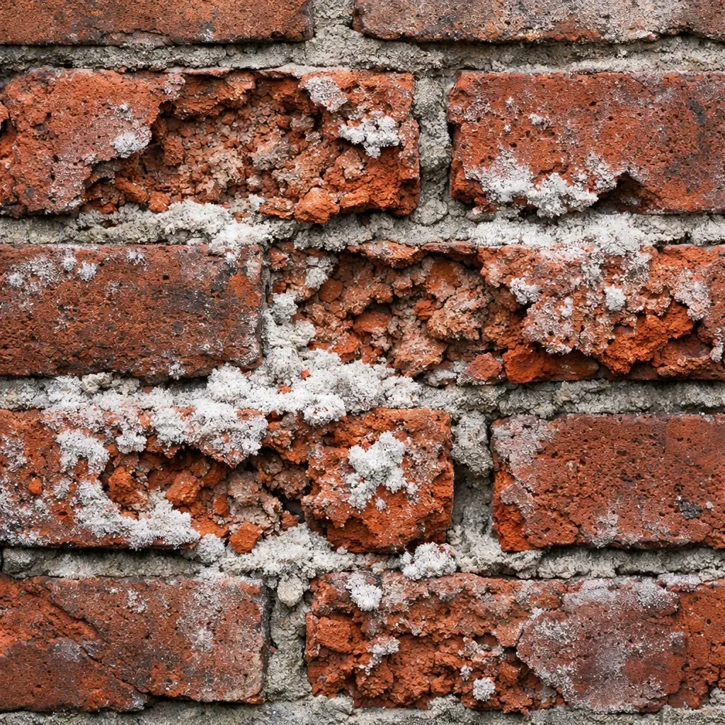 Brick spalling damage with white efflorescence deposits after heavy rain