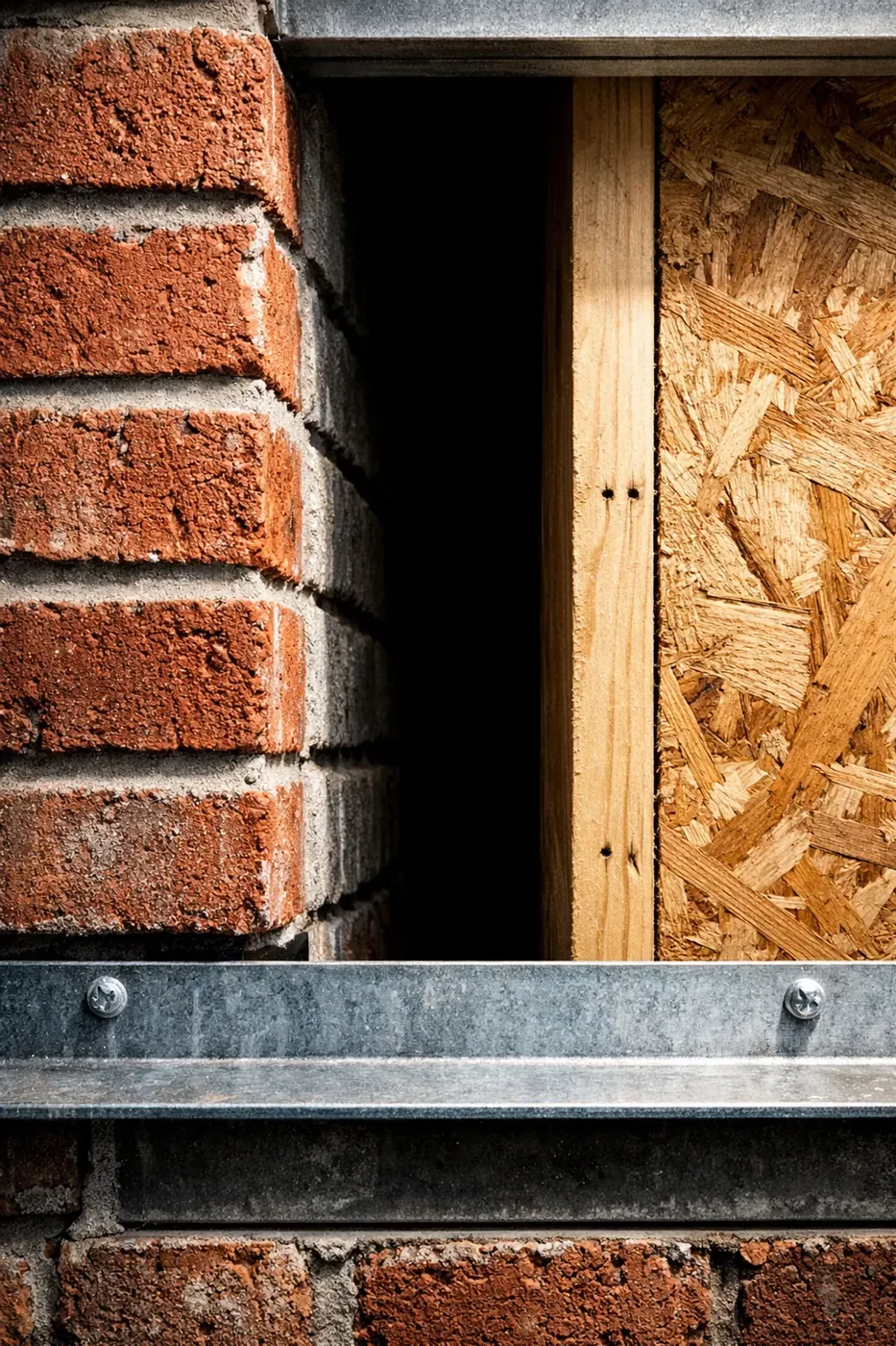 Hidden airspace behind brick veneer where LintleLOCK garage lintel repair system installs