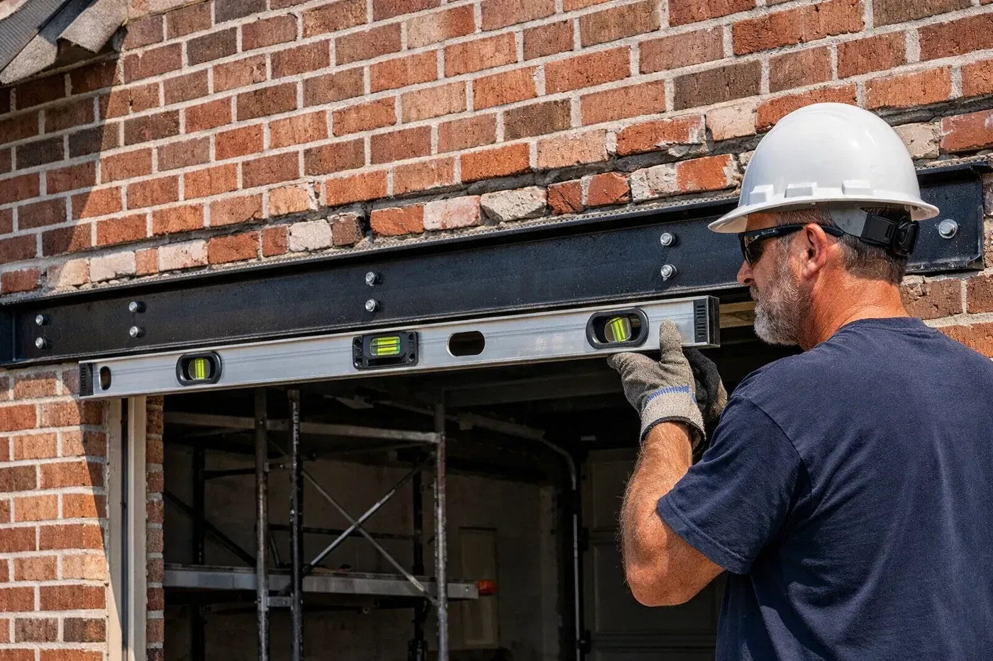Professional masonry expert performing a garage lintel repair on a brick home in the Dallas area.