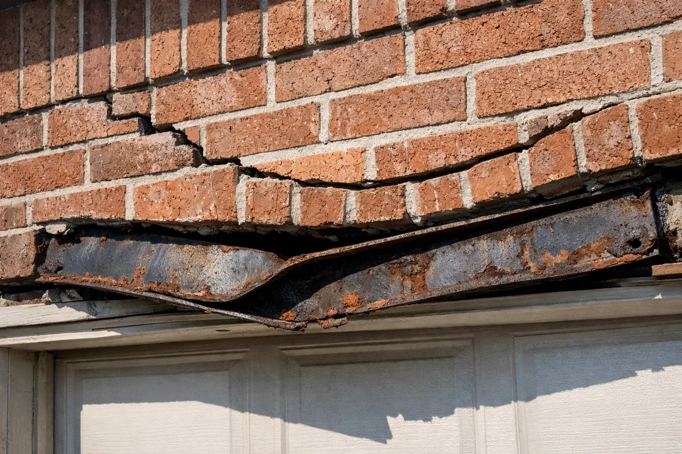 Close-up of rotational lintel failure and sagging brick cracks above a Dallas garage door.