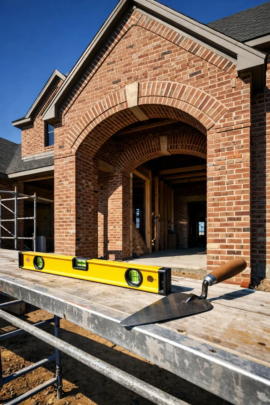 High-end new brick construction Dallas TX with a structural masonry arch and professional tools on a job site.