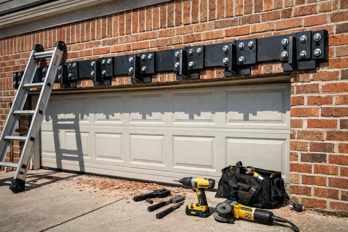 
![Professional garage lintel repair near me using the LintleLOCK system on a Dallas brick home.
