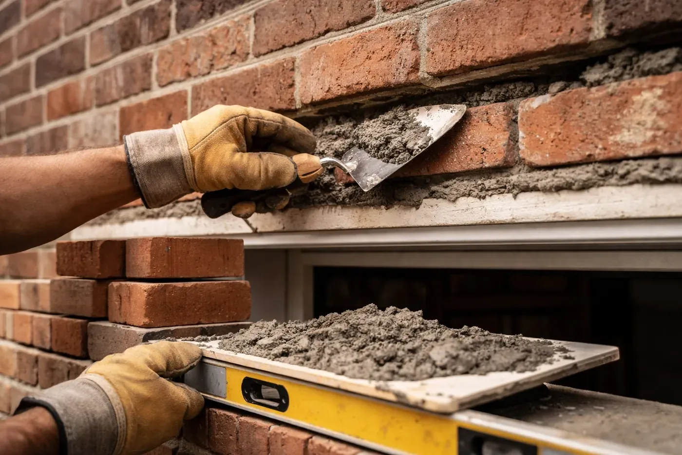 Mason repairing sagging garage lintel with hand tools and matching bricks, demonstrating professional masonry repair process.