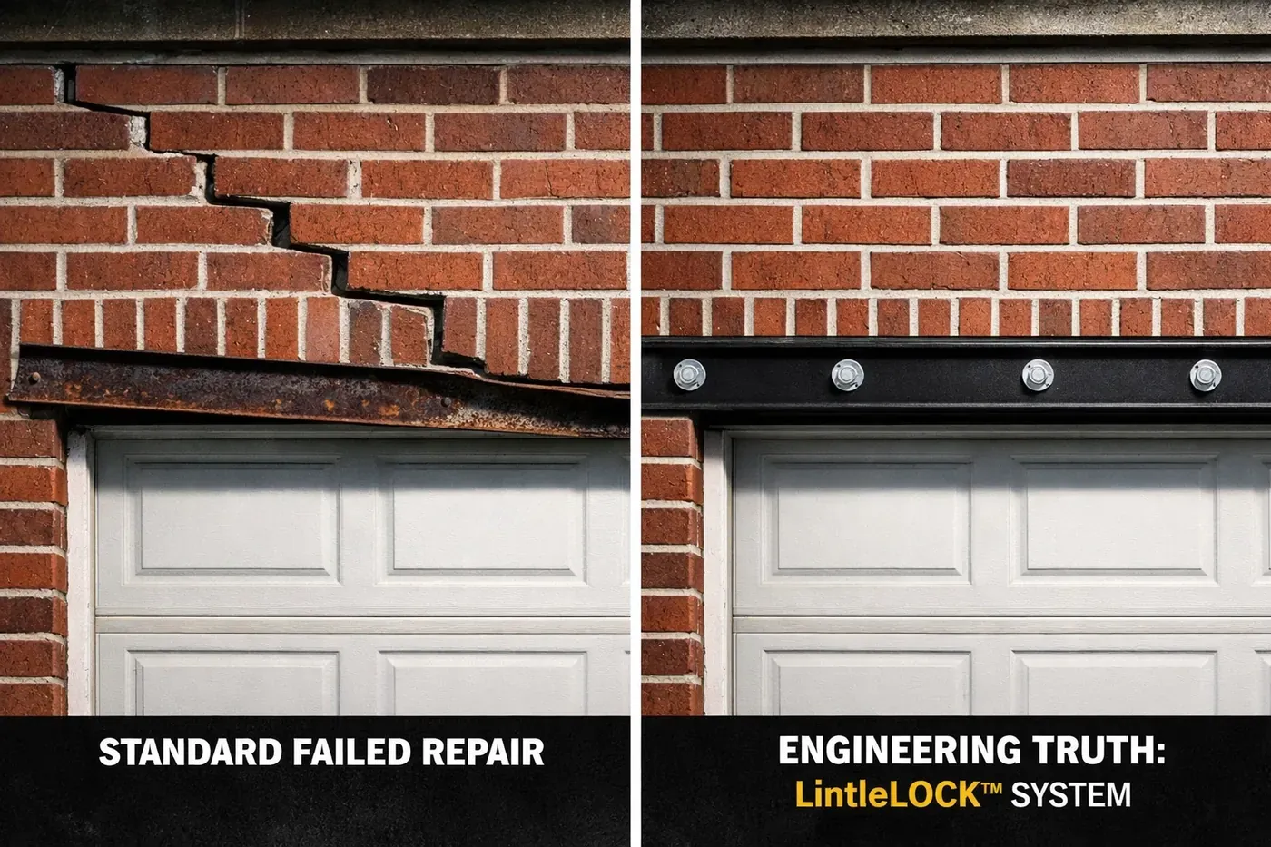 Comparison of a failed garage lintel with brick cracks versus a permanent LintleLOCK repair in Dallas.