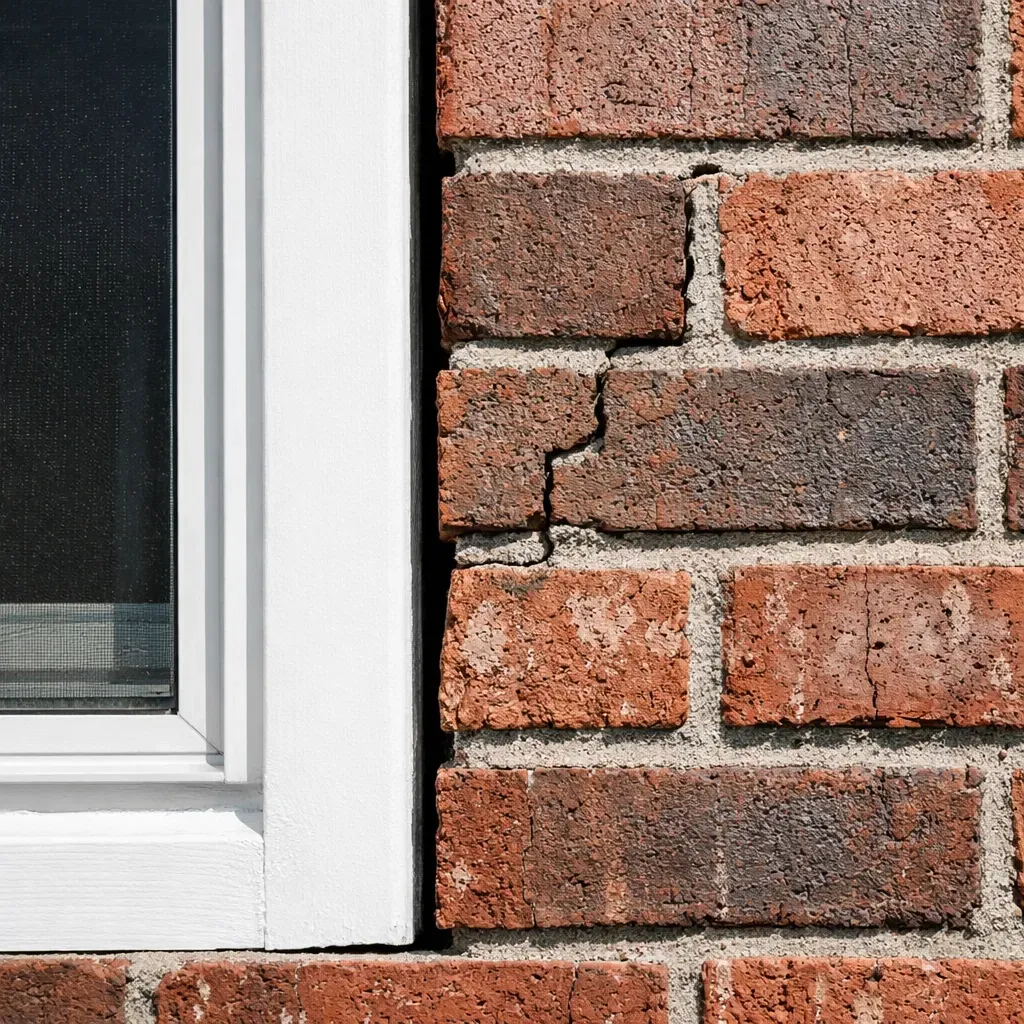Gap at window trim and brick wall showing masonry damage and stair-step cracks from Dallas clay soil movement.