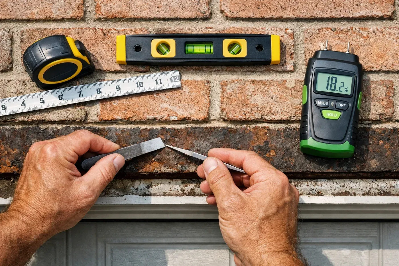 Professional mason inspecting garage lintel with measuring tools and moisture meter