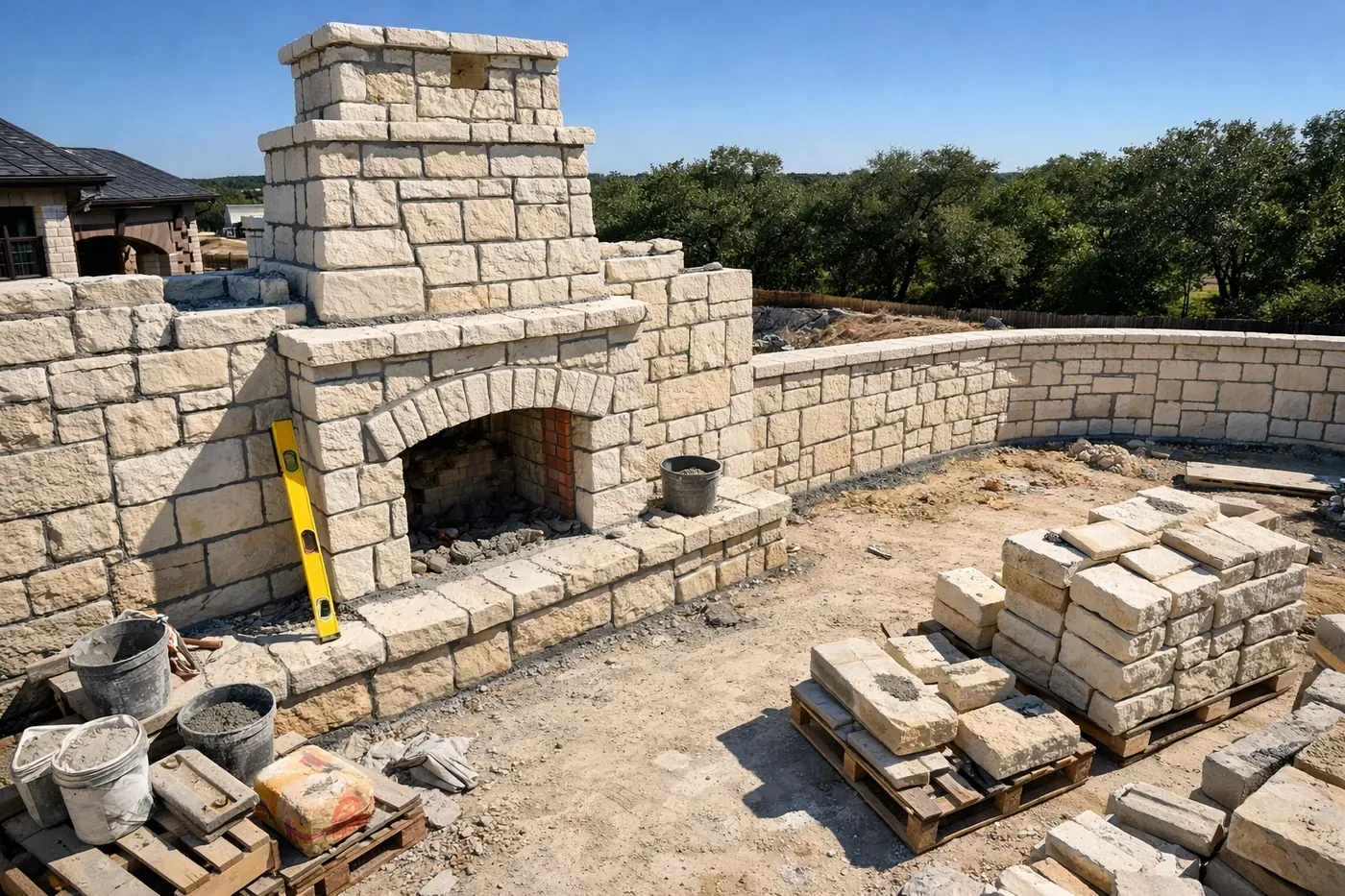 Luxury custom stonework fireplace and structural masonry construction by Whitestone Construction in Dallas-Fort Worth.