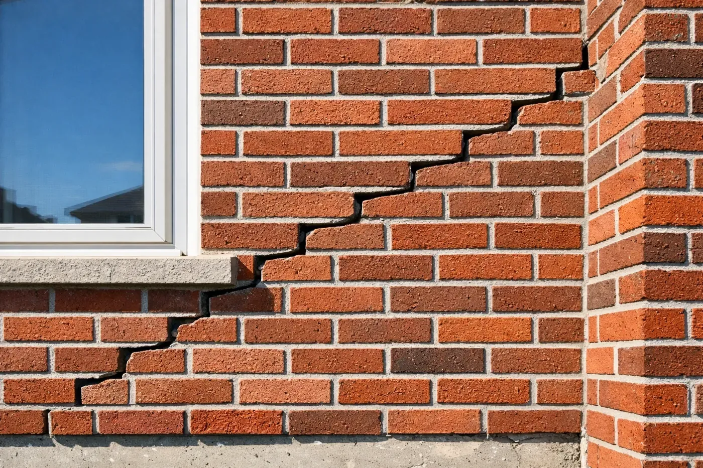 Diagonal stair-step crack pattern near window corner showing foundation settlement