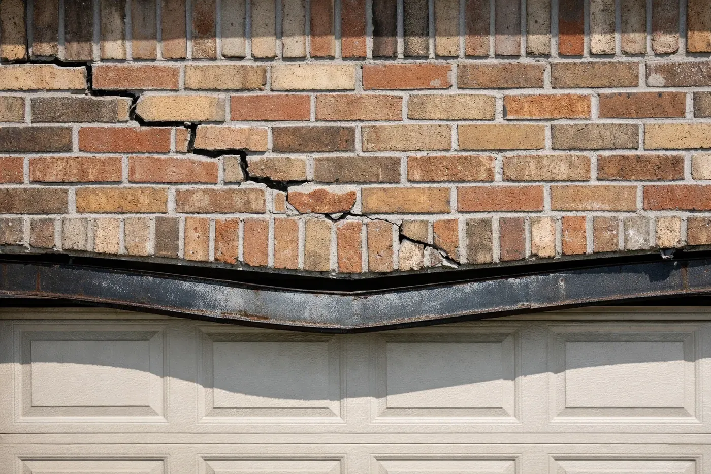 Sagging garage lintel and stair-step brick cracks above a garage door needing structural repair in Fort Worth.