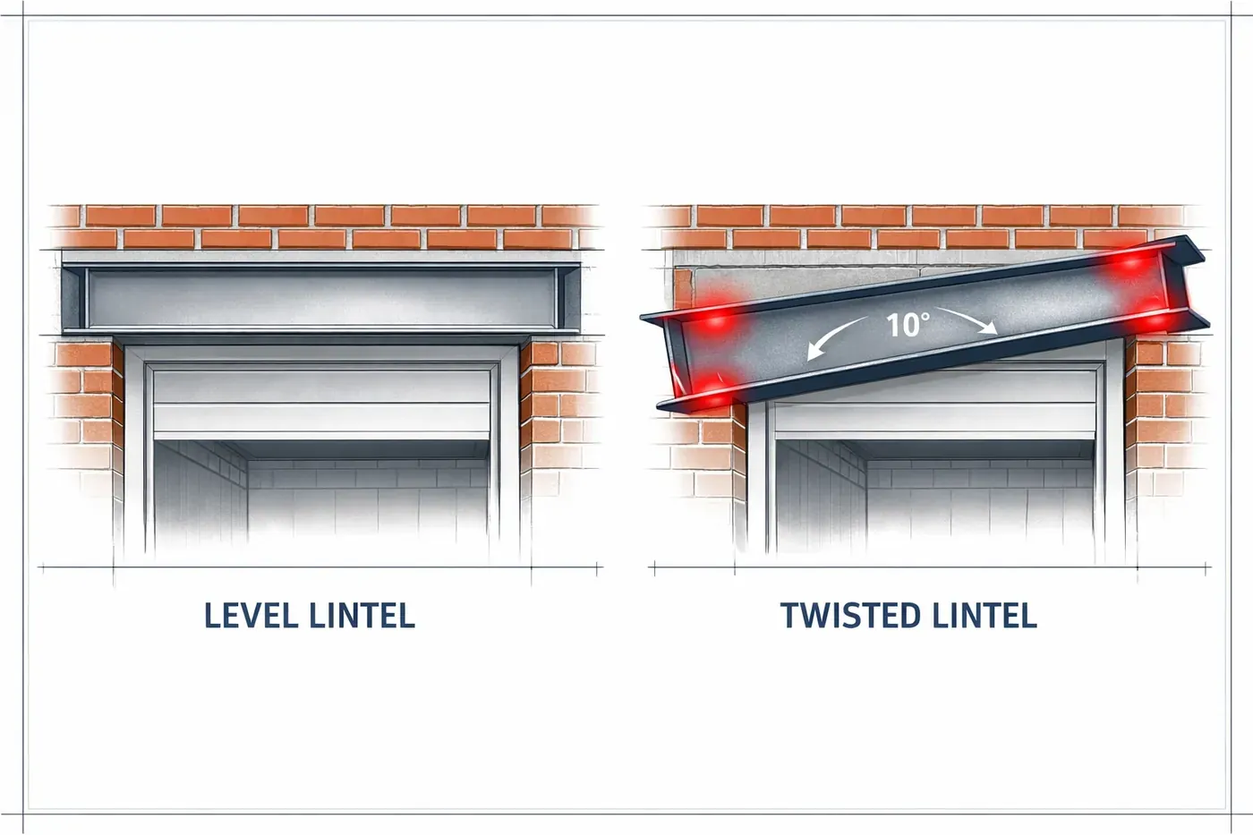 Comparison of level garage lintel versus twisted rotational lintel sagging above garage door