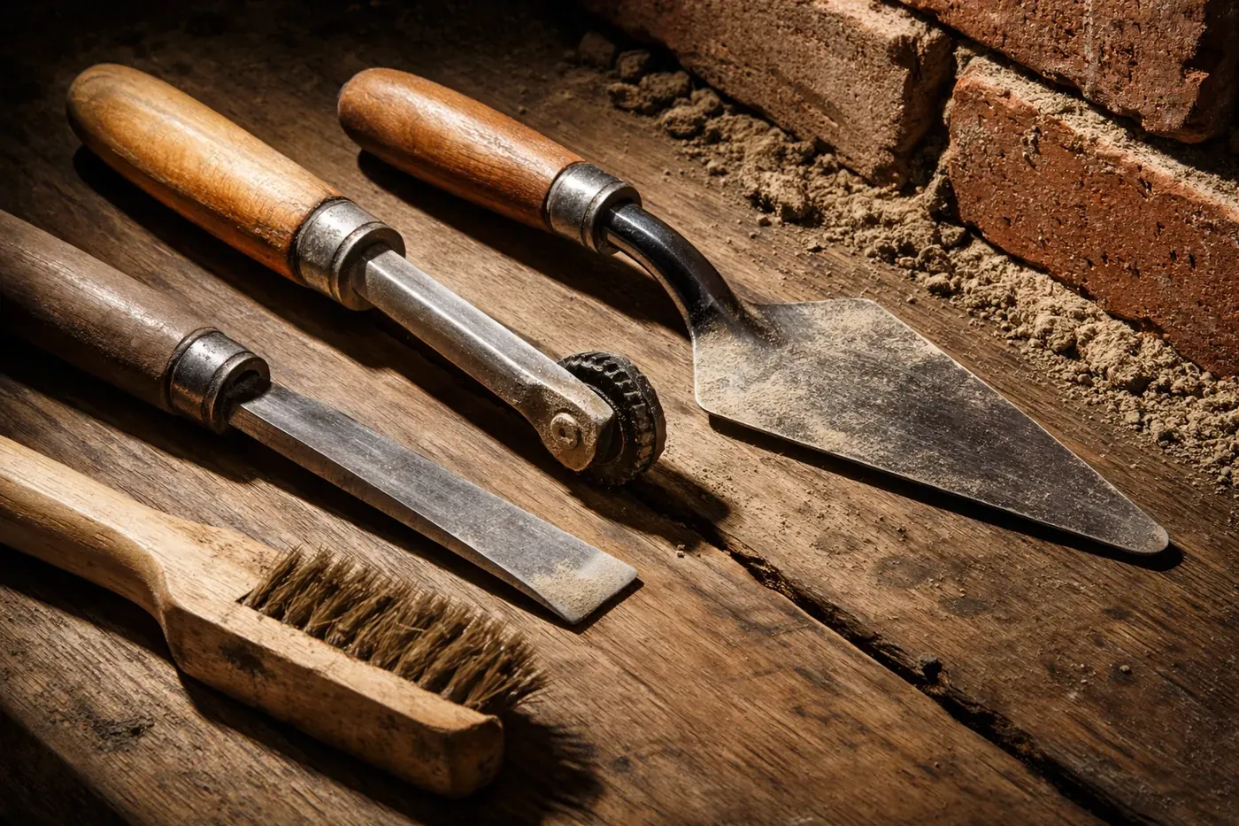 Masonry hand tools including chisel and trowel for proper brick mortar removal