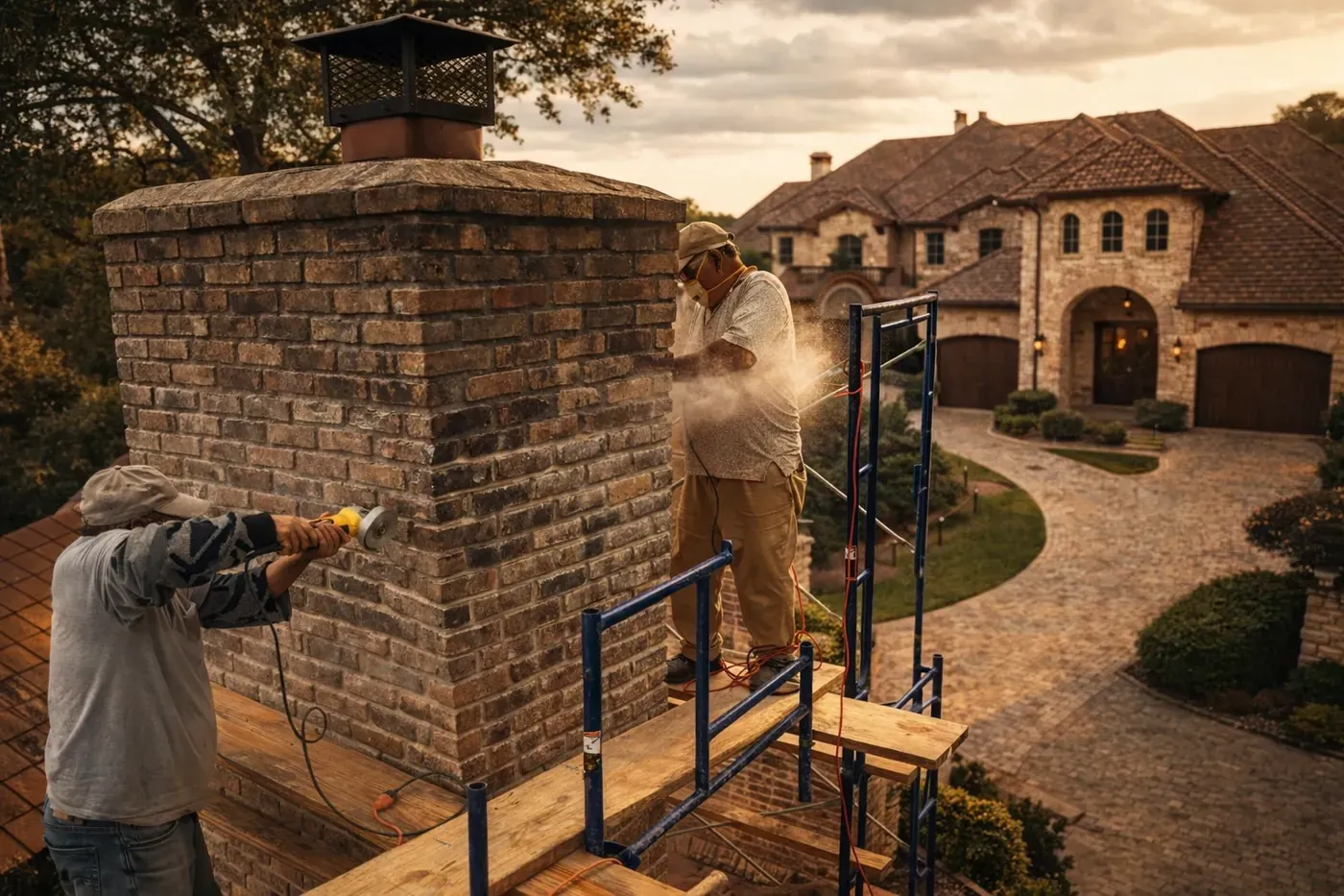 Authentic Champion Brick Repair chimney mortarcap repair on a luxury North Texas estate