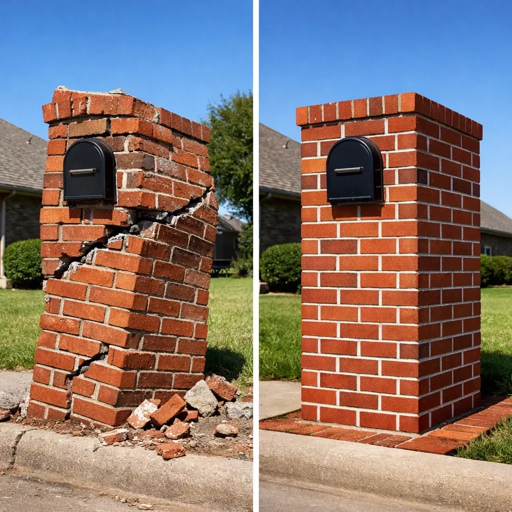 Before and after comparison of damaged brick mailbox transformed by professional repair