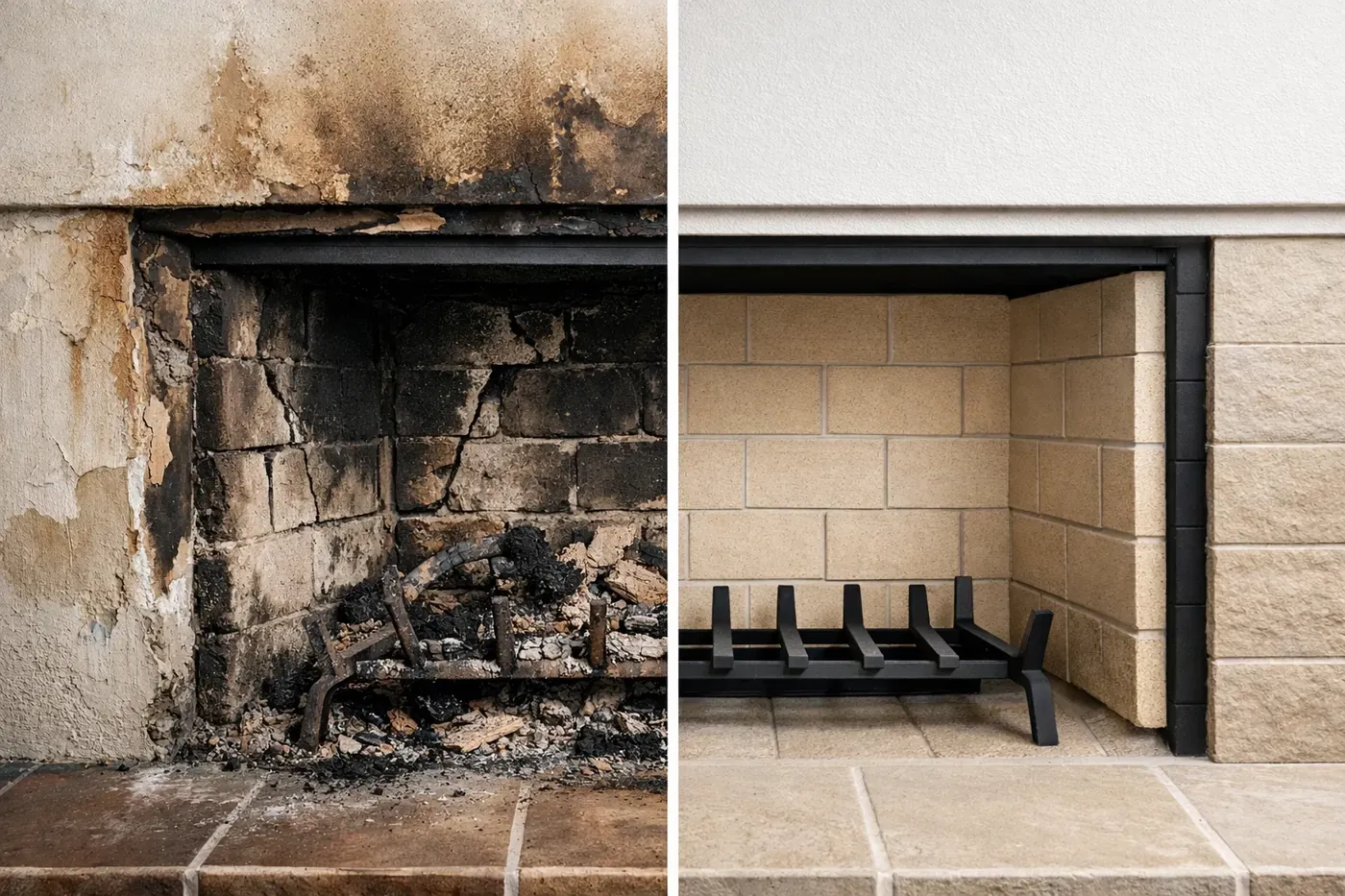 Damaged firebox with heat damage compared to properly repaired firebox