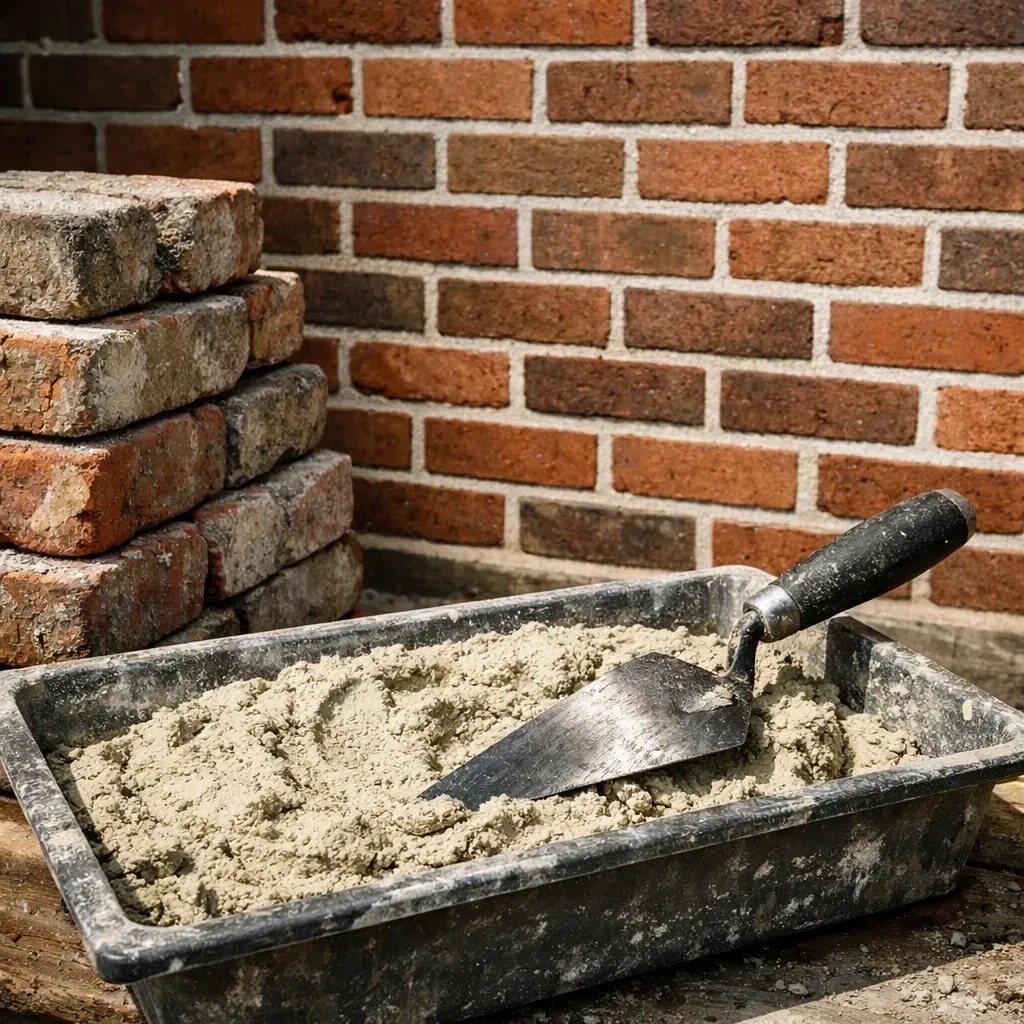 Salvaged bricks and custom mortar for invisible historic brick repair on a Dallas job site.