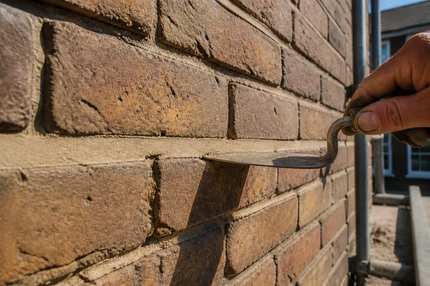 Close up of custom mortar matching during professional brick repair in Dallas to ensure seamless finish.
