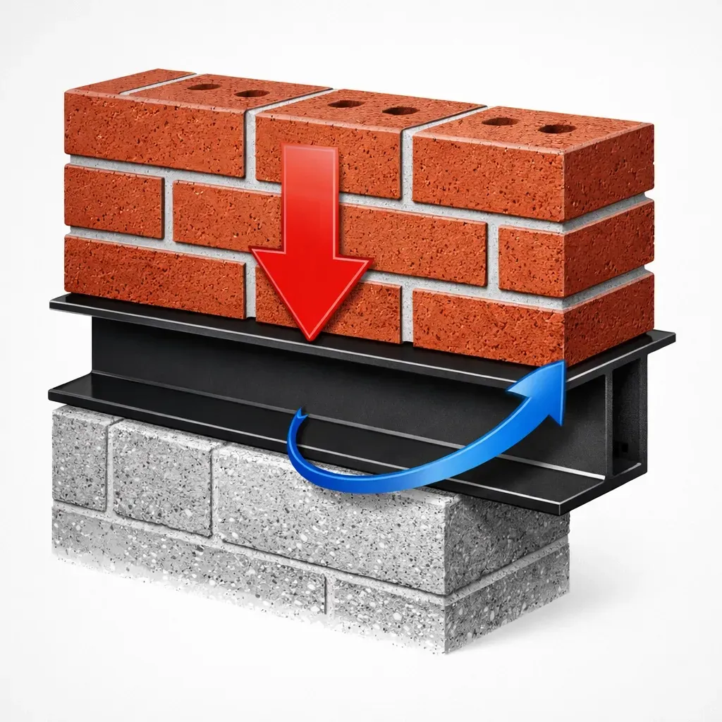 Technical diagram showing torsional twisting and rotational failure on a steel lintel supporting a brick arch.