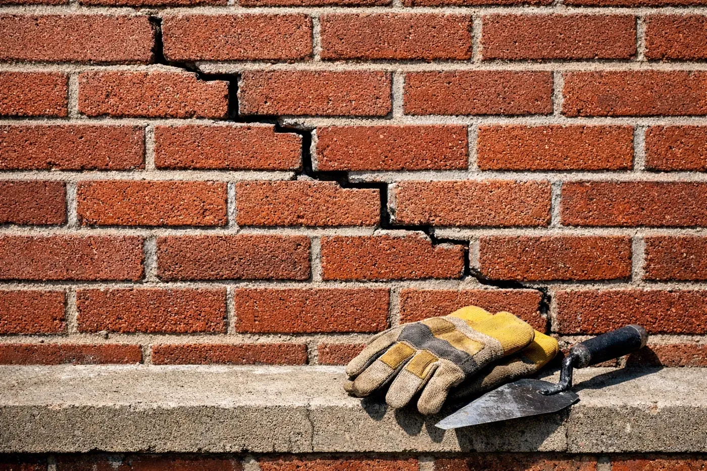 Stair-step crack in a Dallas brick wall being evaluated for professional masonry repair.