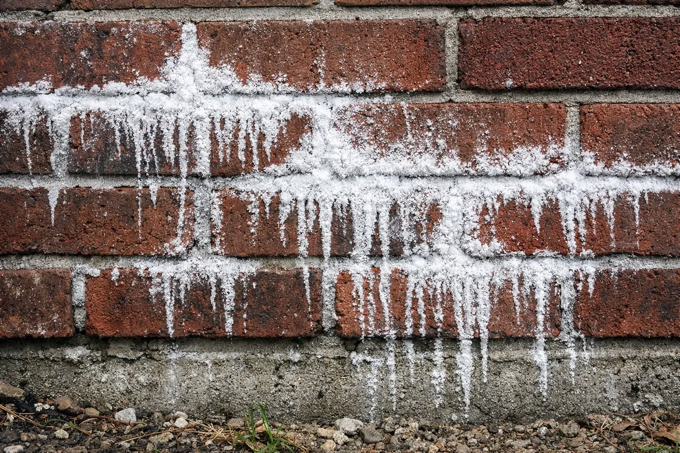 White efflorescence mineral deposits on red brick foundation wall from water damage
