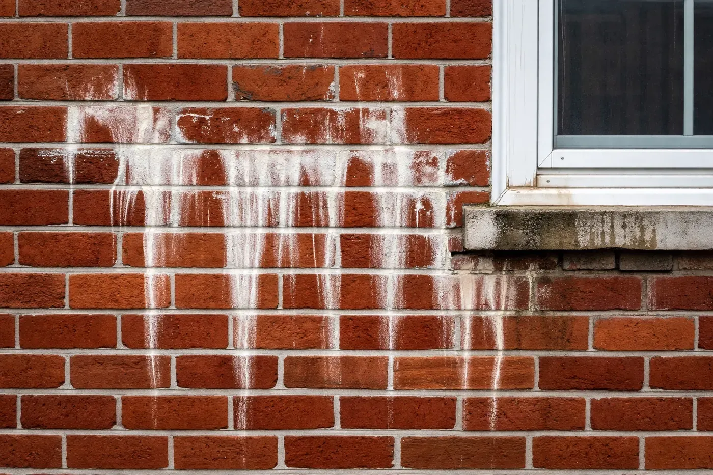 Water damage and efflorescence deposits on exterior brick wall near window frame