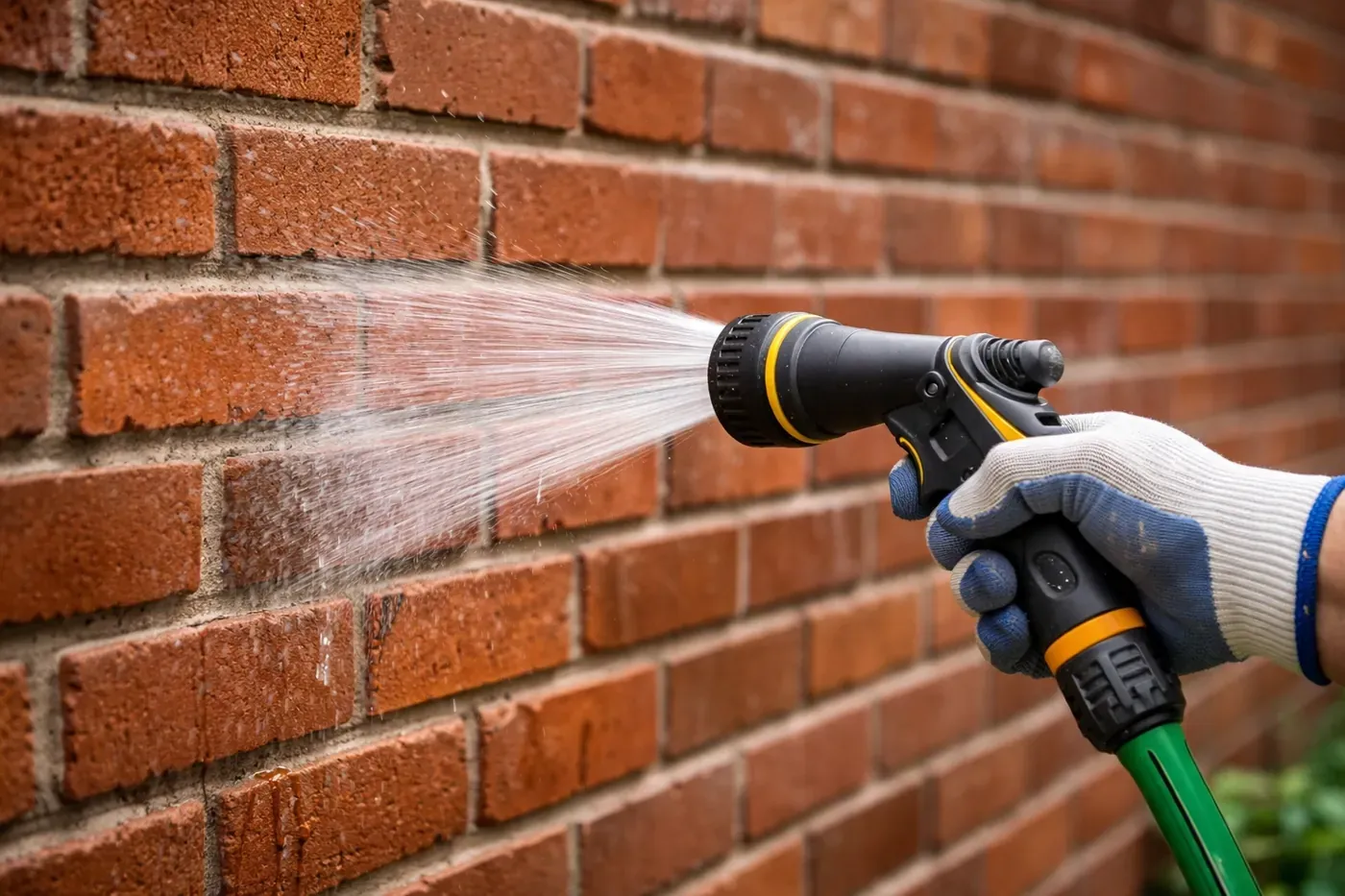 Low-pressure water cleaning a red brick wall before mortar repair work
