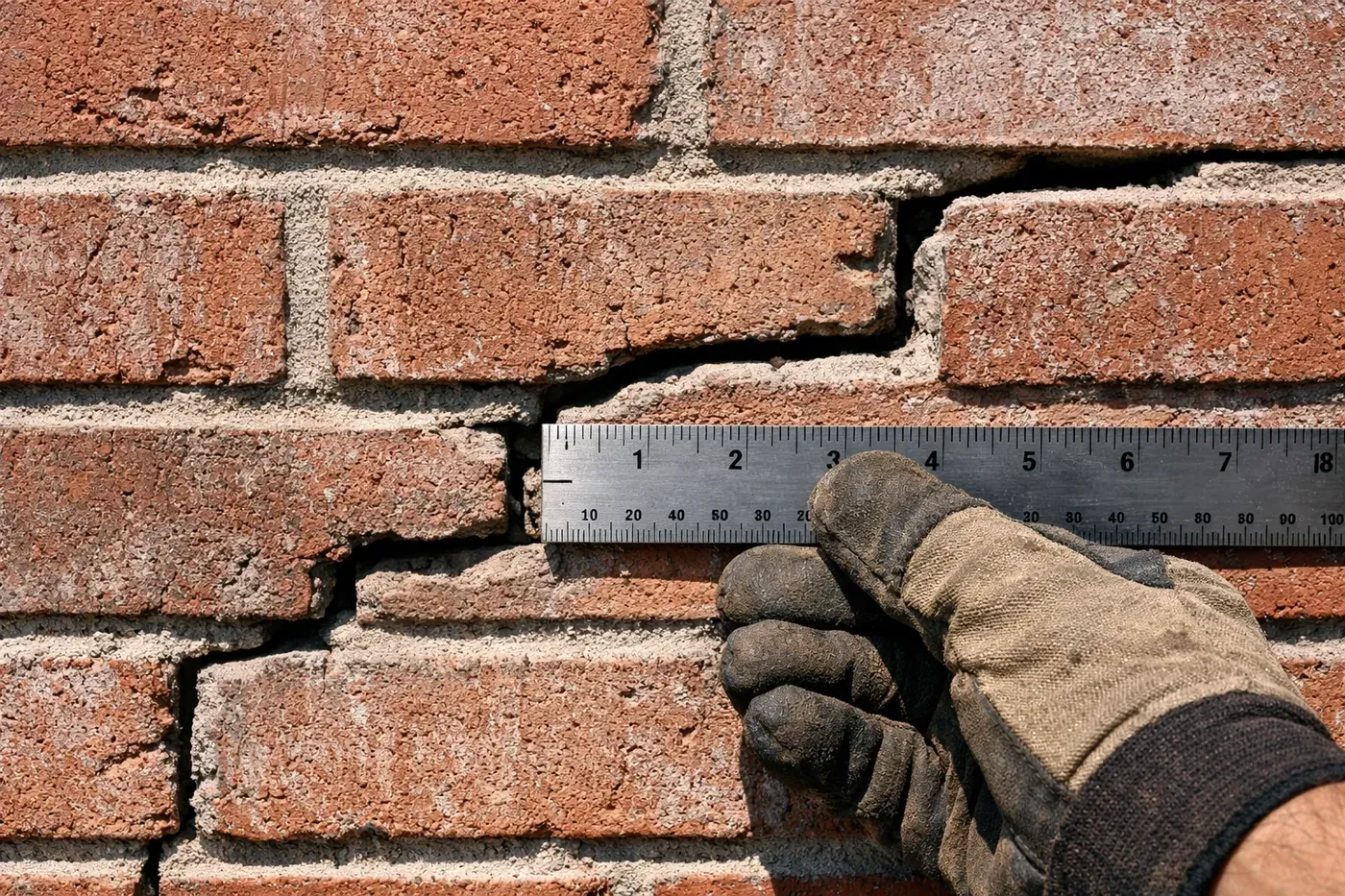 Close-up of a Dallas masonry repair expert measuring a stair-step brick crack to evaluate structural damage.