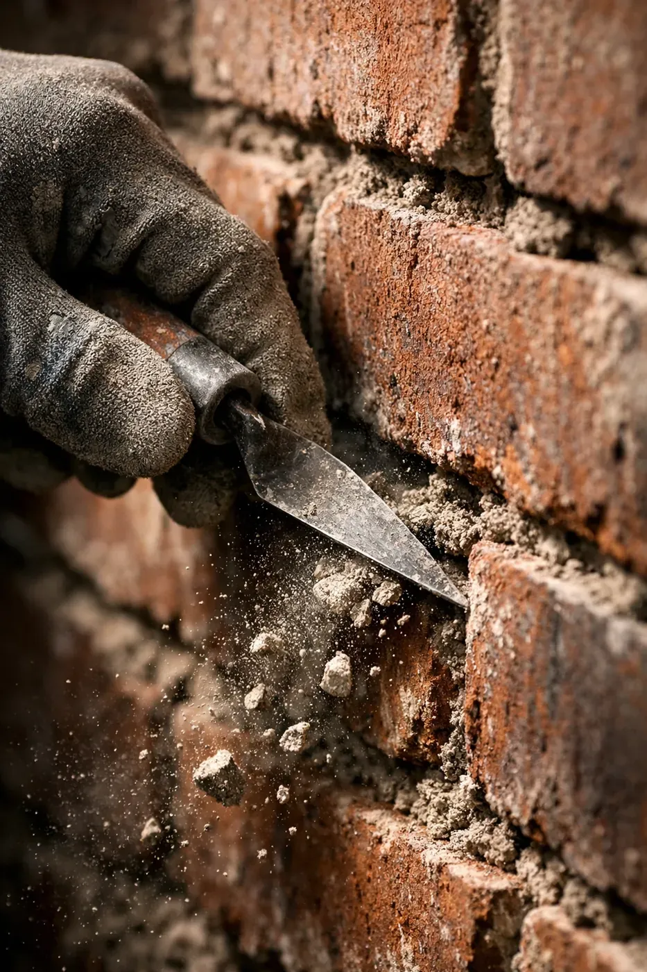 Professional mason removing loose mortar during proper brick repair preparation