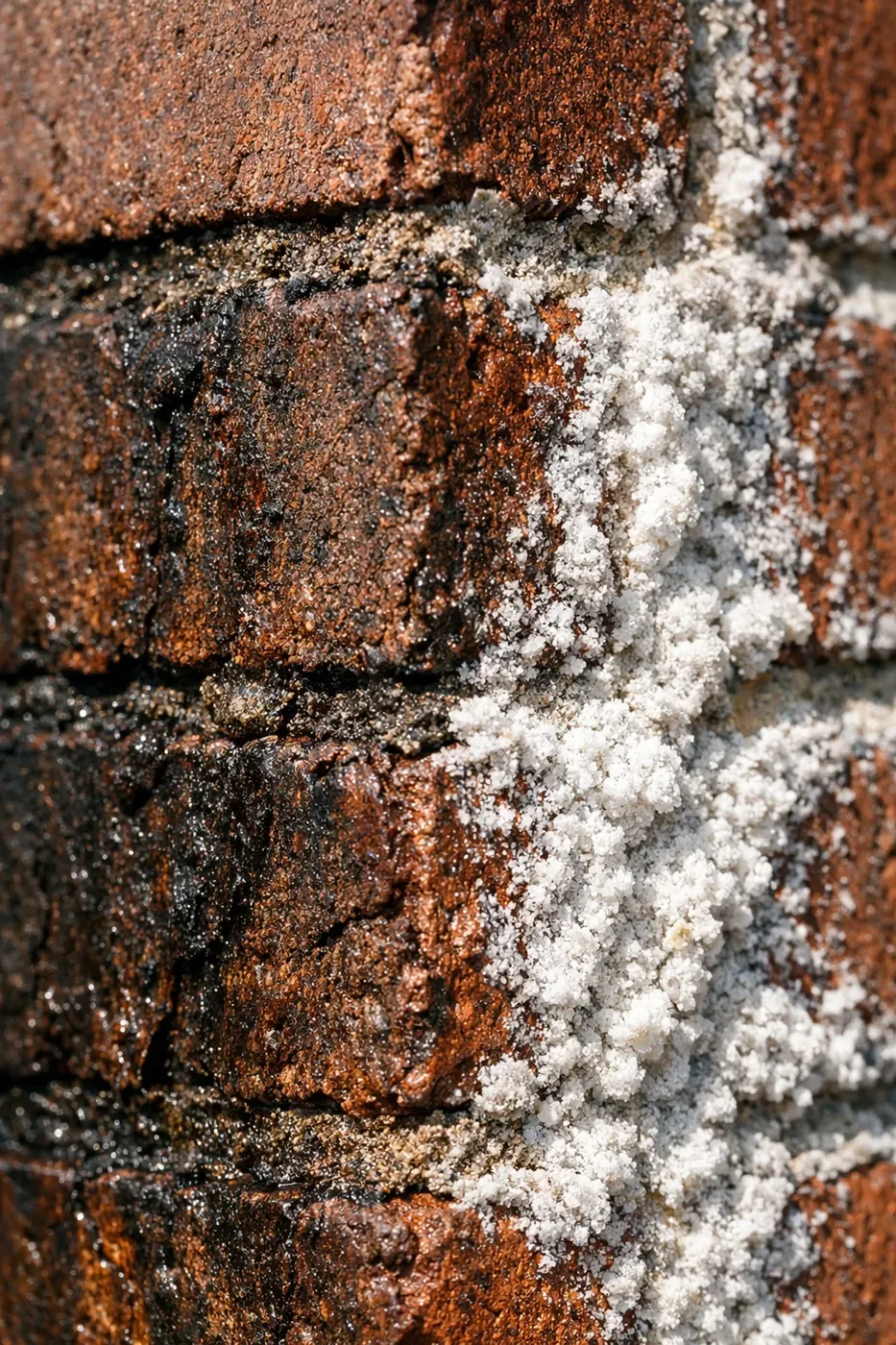 Brick wall showing water stains and white efflorescence indicating moisture damage