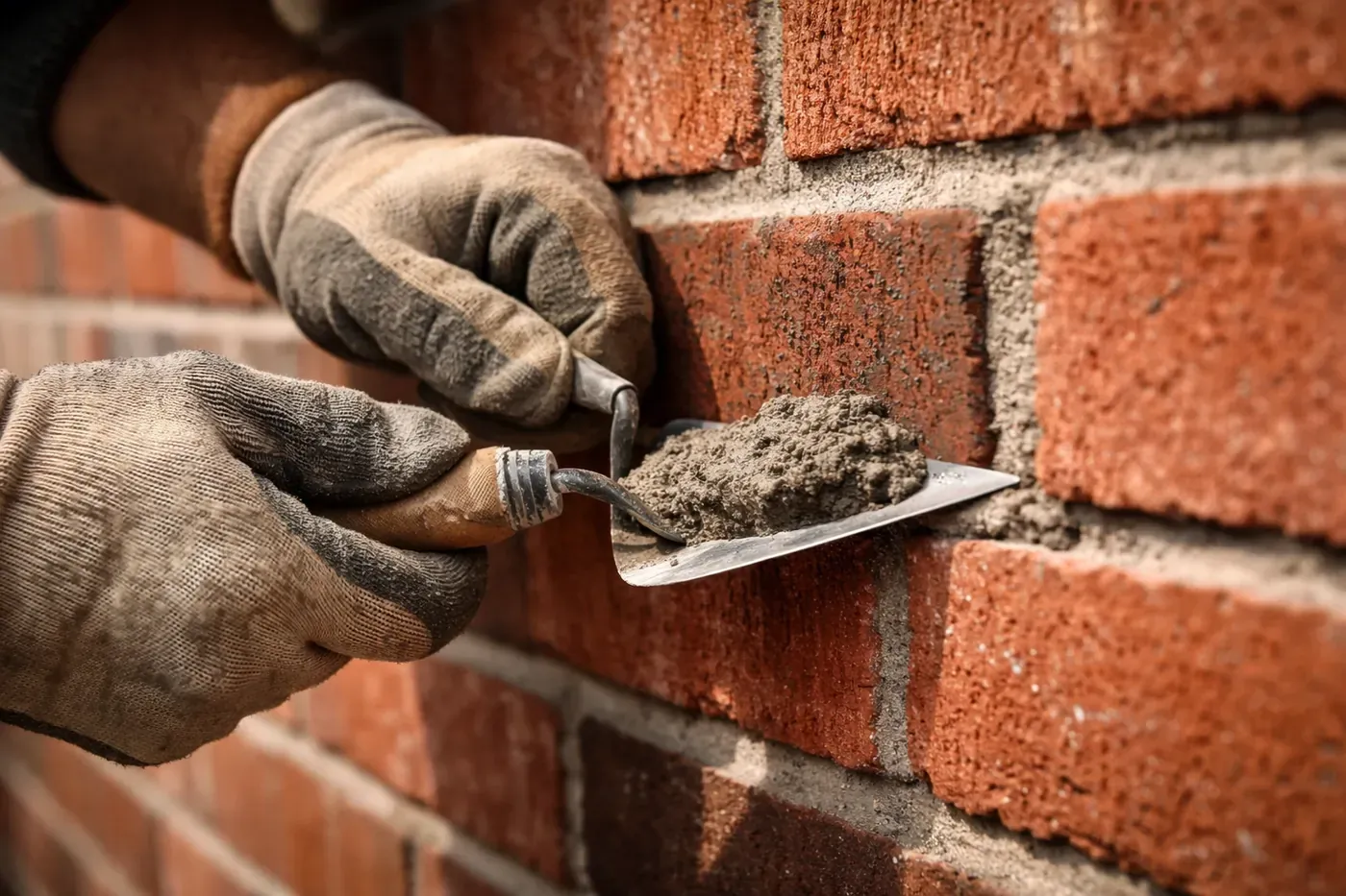 Masonry expert repointing mortar on a brick wall, demonstrating professional brick repair techniques for real estate deals