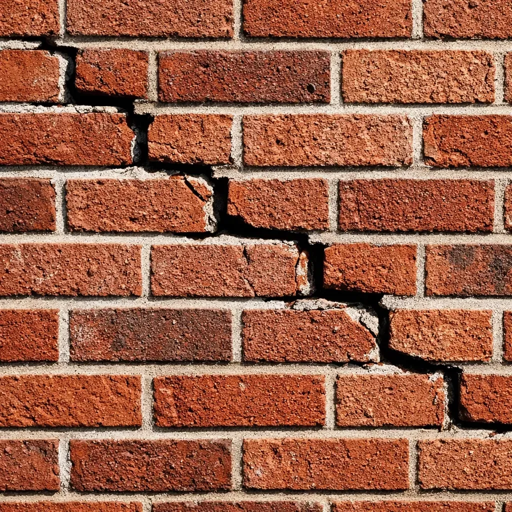 Diagonal stair-step crack in Dallas residential brick wall caused by shifting clay soil.