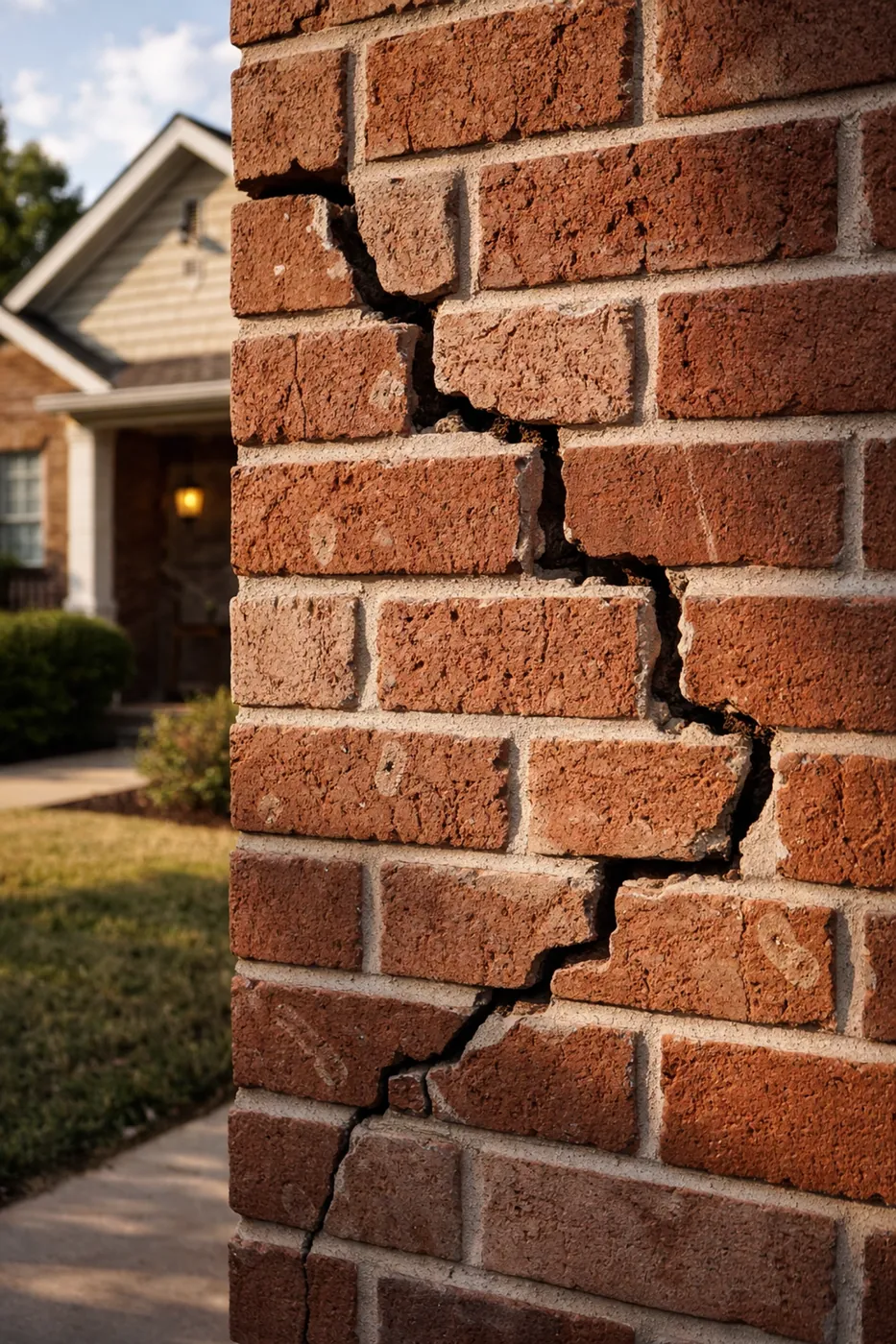 Close-up of brick wall with stair-step crack pattern in a Dallas home, showing common masonry repair issue.