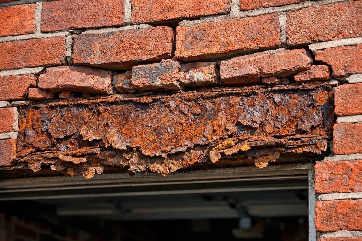 Corroded steel lintel showing rust damage and sagging brick above garage door