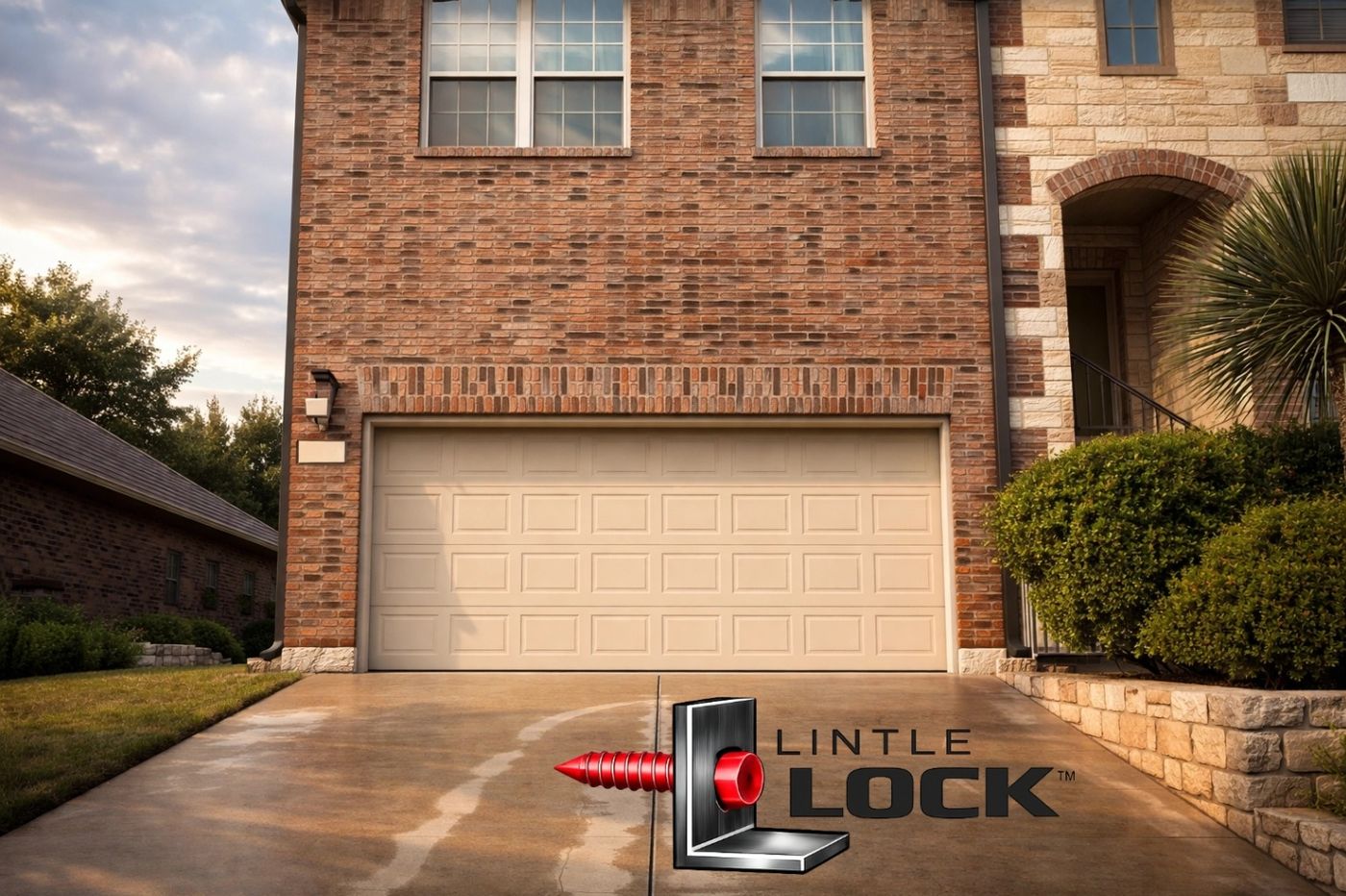 A brick garage exterior with a straight, properly supported lintel over the garage door, showing no visible sagging or cracks.