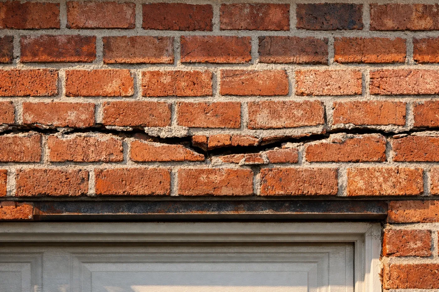 Horizontal crack above garage door showing sagging lintel failure in brick wall