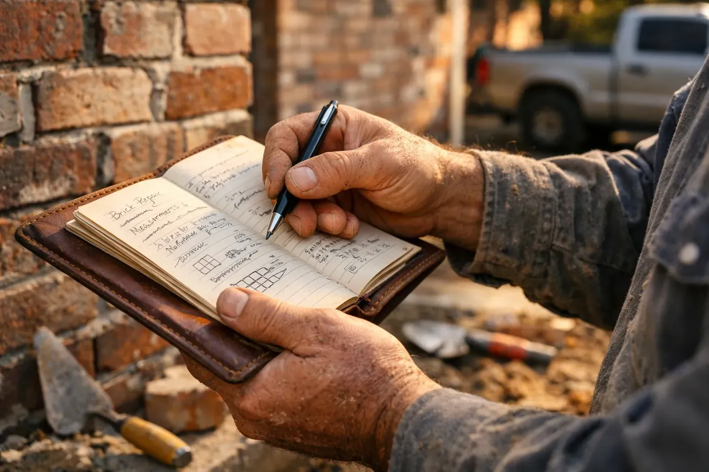 Professional mason reviewing notes at Dallas brick repair site with tools and repaired wall