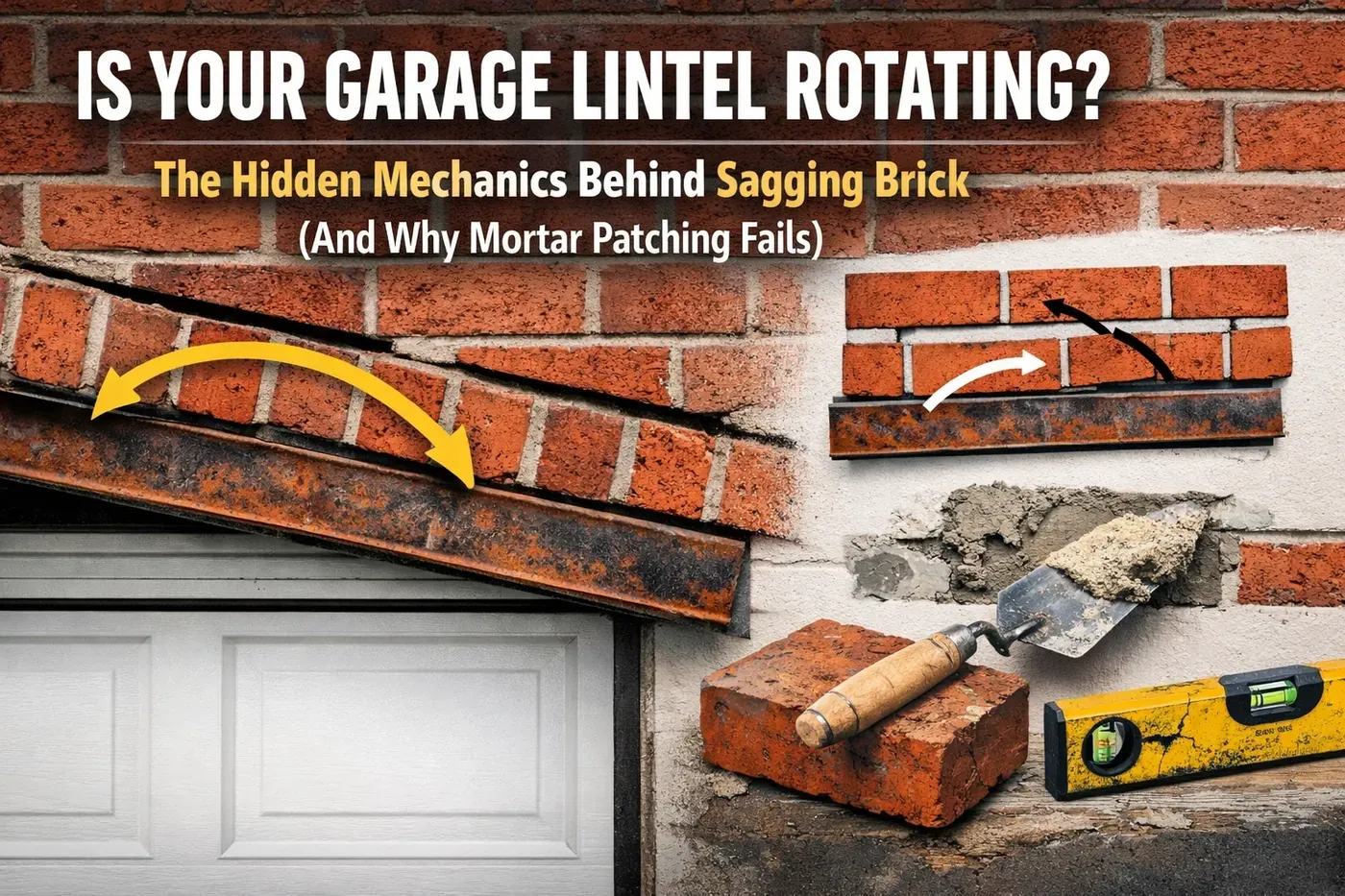 Is Your Garage Lintel Rotating? The Hidden Mechanics Behind Sagging Brick (And Why Mortar Patching Fails)