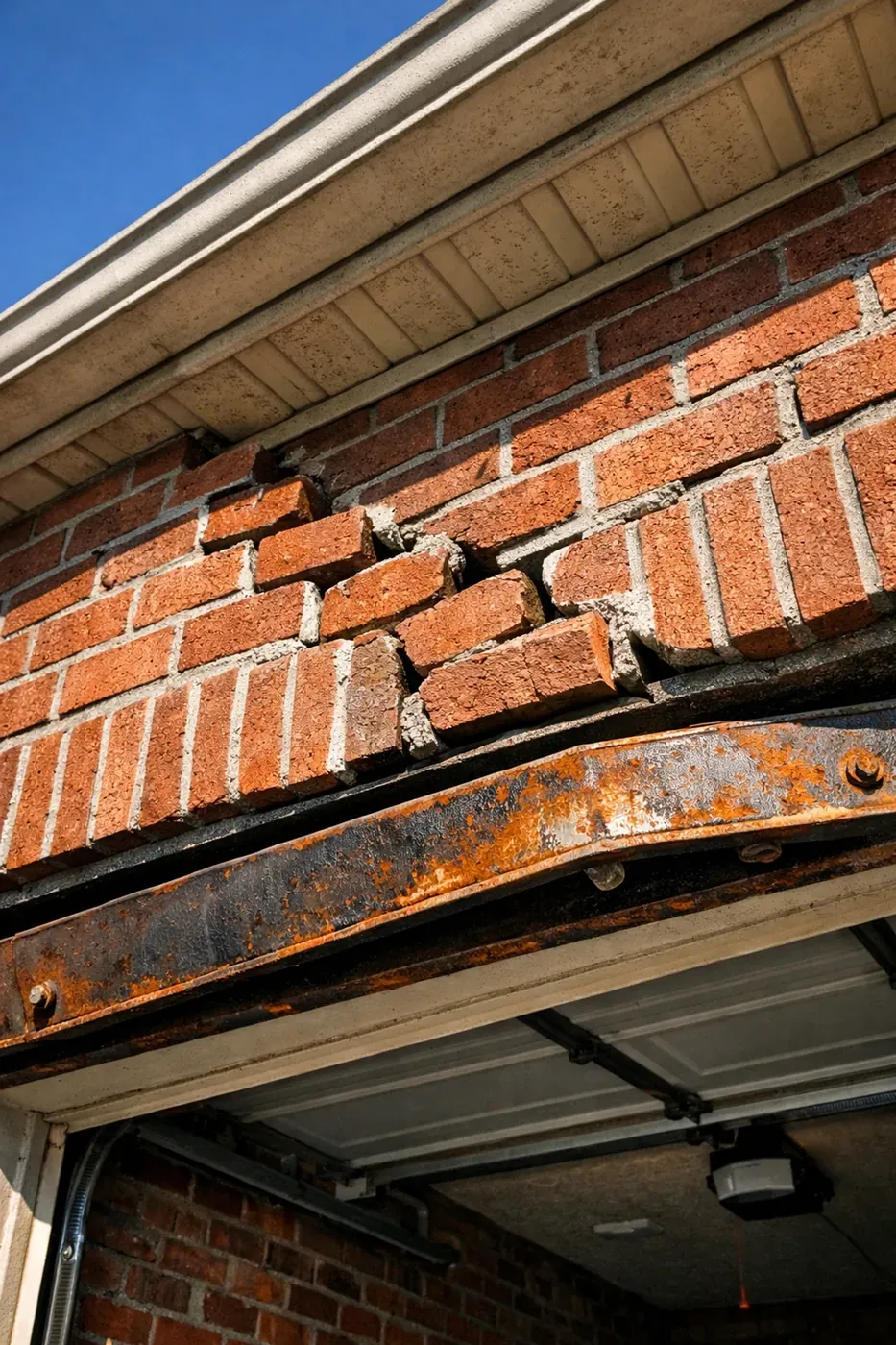 Severe stair-step crack and sagging brickwork from a failing garage lintel showing structural damage.