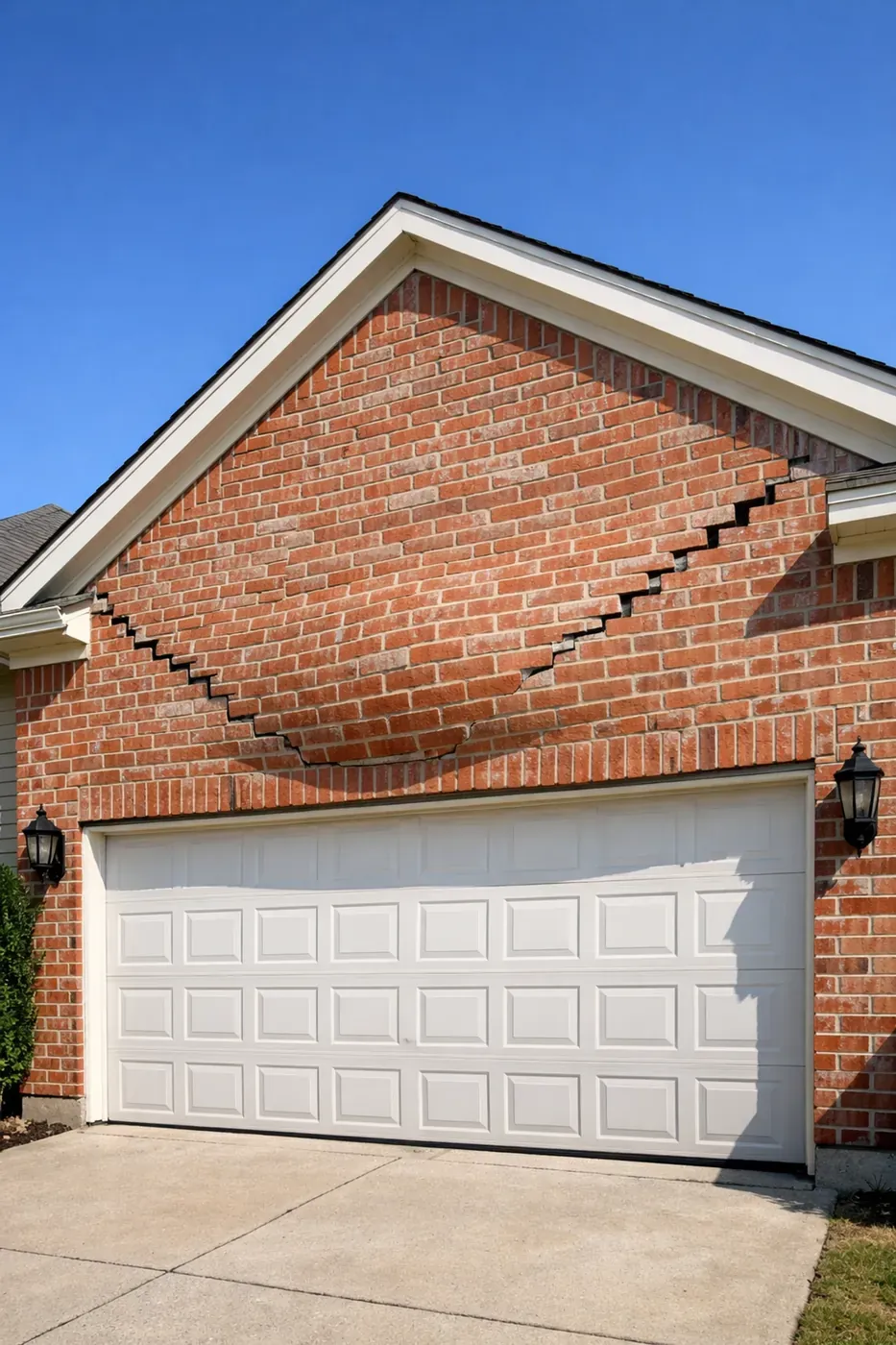 Bulging brick wall above garage door caused by untreated sagging lintel in Dallas home