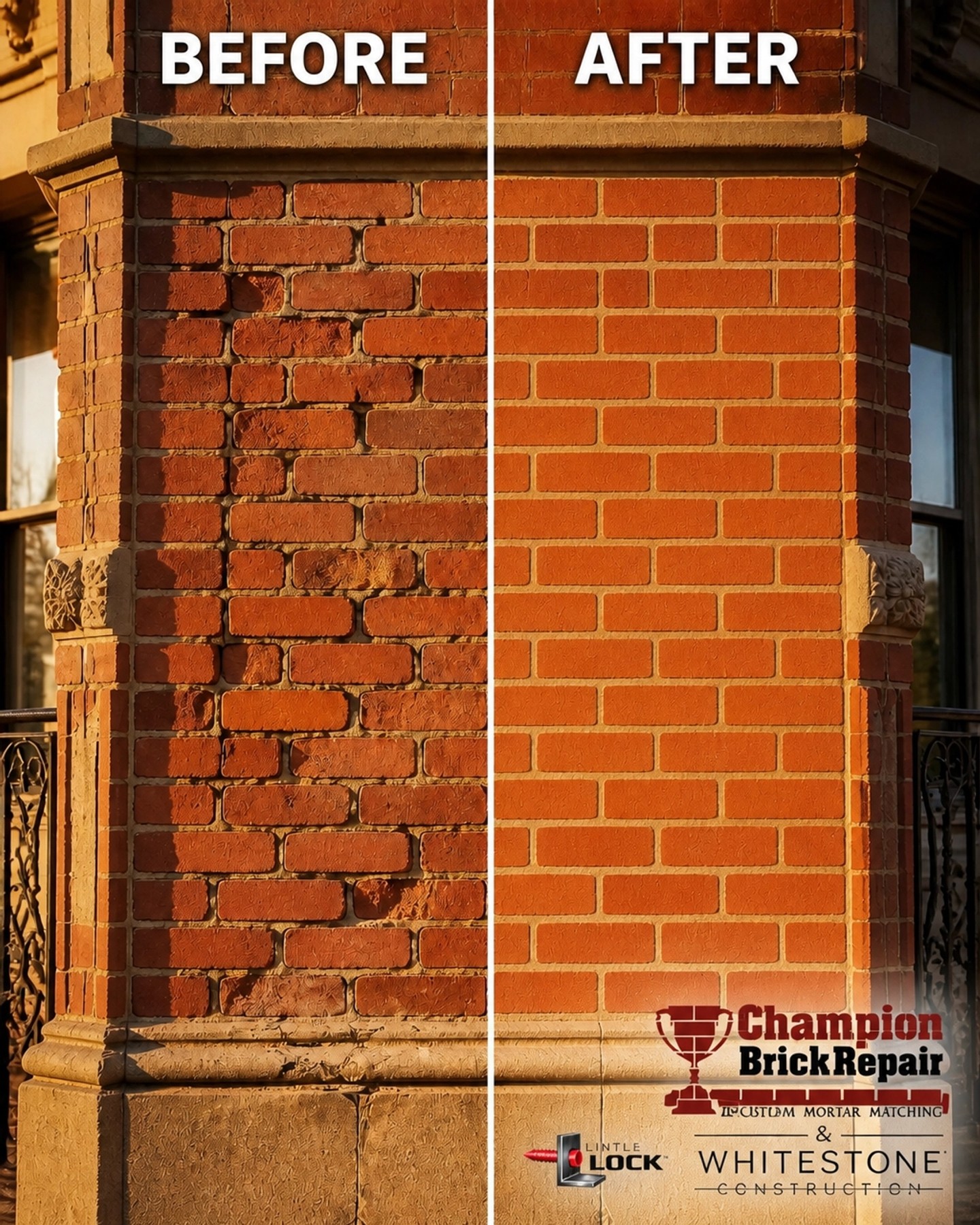 Brick column repair in Dallas — a deteriorated brick pillar restored to a solid rebuilt column