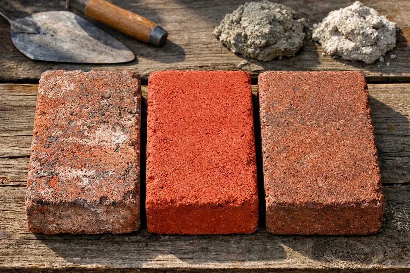 Three brick samples showing color matching differences for mailbox repair