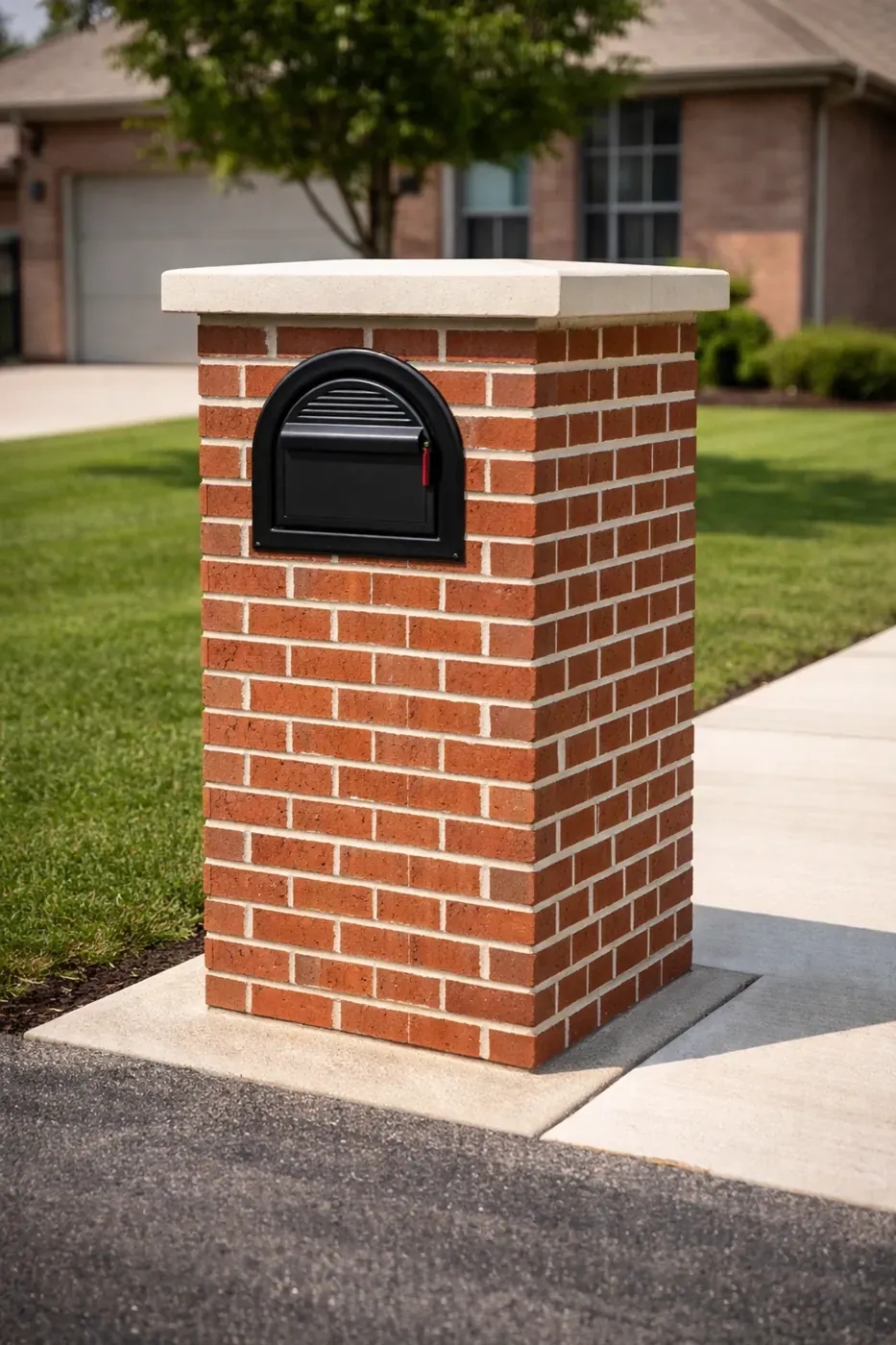 Newly constructed brick mailbox column with limestone cap in Dallas front yard
