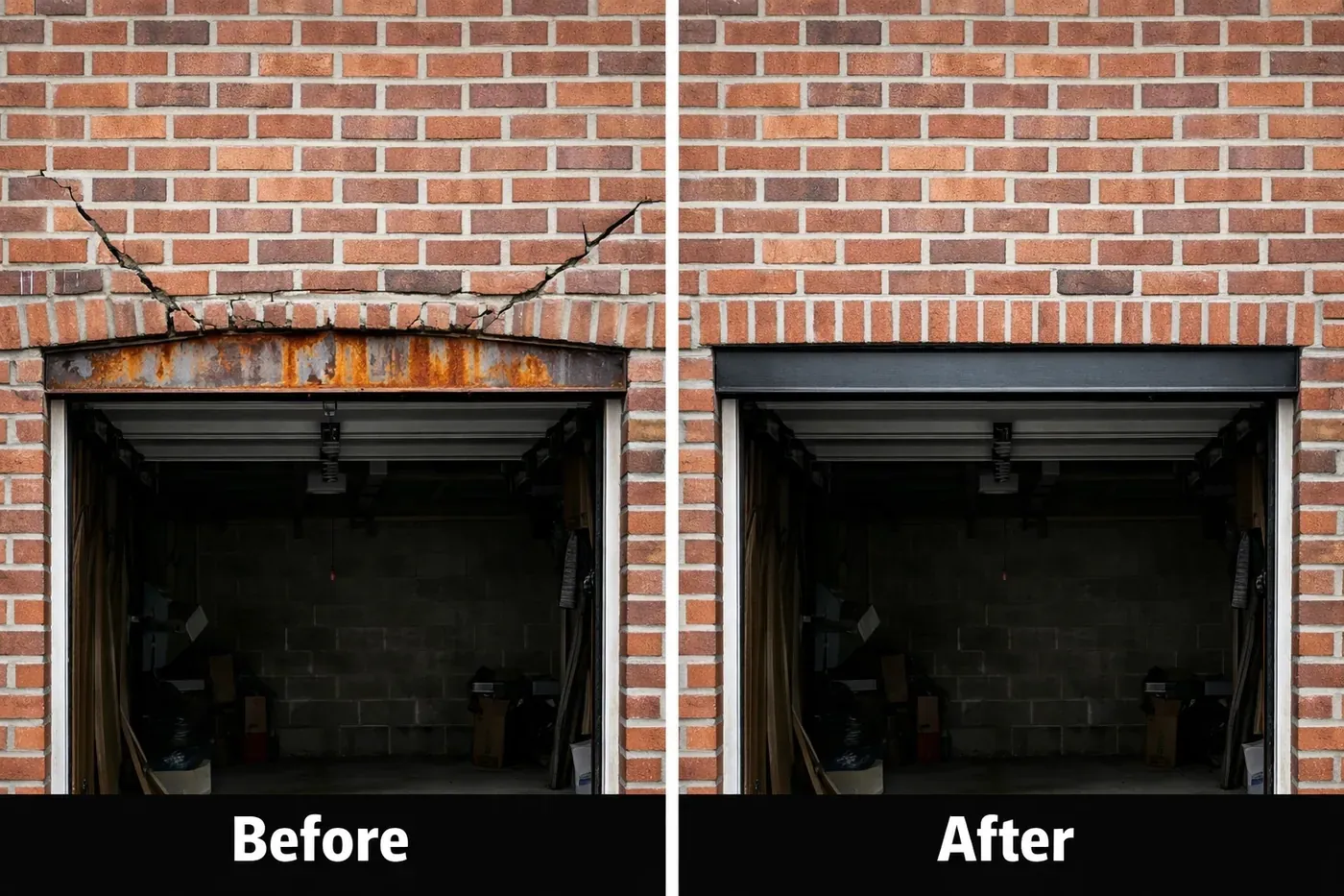 Before and after garage lintel repair showing failed rusted lintel versus restored brick opening