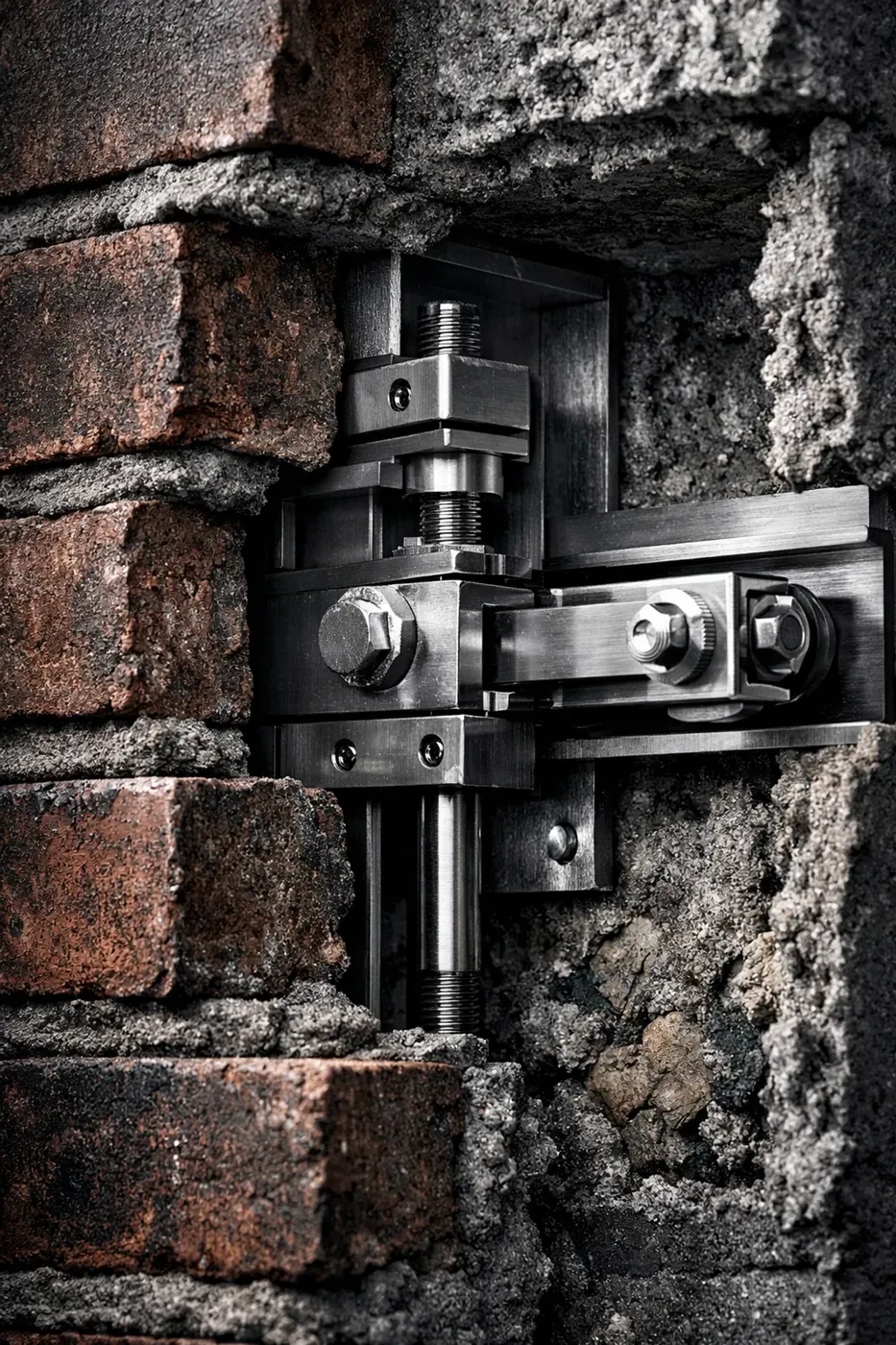 Cross-section of brick wall showing internal LintleLOCK support system for invisible lintel repair